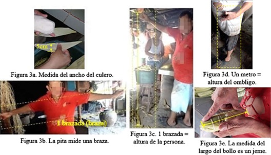 Figura 3. Medidas usadas por P1 en las fases: envolver y amarrar la masa.