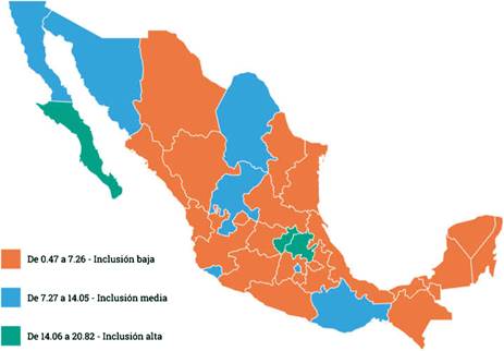 M�xico: indicador de inclusi�n educativa por entidad federativa.