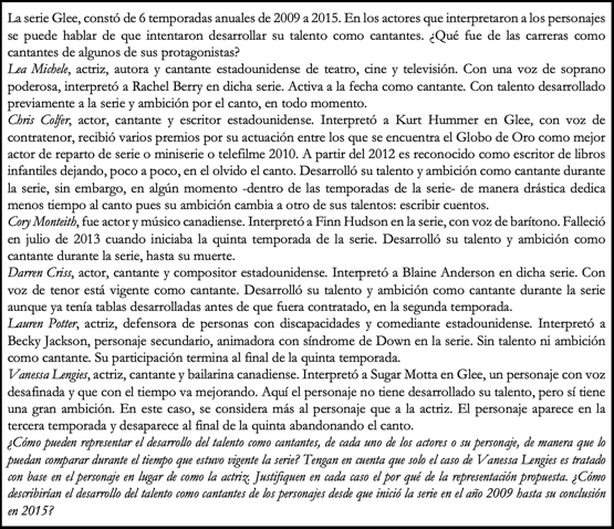 Parte I. Actividad provocadora de modelos sobre la serie televisiva Glee, de la cadena Fox, presentada del 2009 al 2015