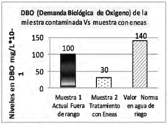 Los niveles en DBO
del efluente esta fuera de rango seg&uacute;n vemos en el cuadro de an&aacute;lisis; y con el
uso del sistema de purificaci&oacute;n con eneas logra estabilizar notablemente la
materia org&aacute;nica biodegradable.