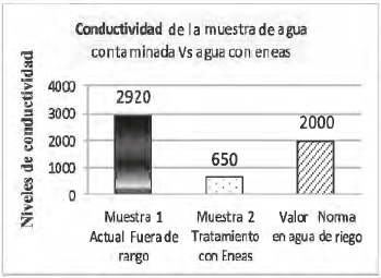 Los valores altos de conductividad es un indicador del contenido de sales disueltas o de minerales
del agua (mineralizaci&oacute;n); se estabiliza en a los 7 d&iacute;as de instalado el sistema de purificaci&oacute;n de humedales.