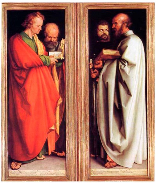 Alberto Durero, Los cuatro ap&oacute;stoles, 1526. &Oacute;leo sobre madera, 215 x 76 cm. (cada panel). Alte Pinakothek, Munich.
