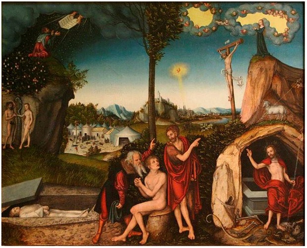 Lucas Cranach, el Viejo, Ley y Evangelio, 1529. &Oacute;leo sobre tabla, 72 x 88.5 cm. Galer&iacute;a Nacional de Praga.
