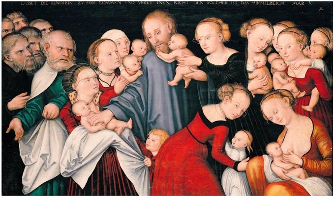 Lucas Cranach, el Viejo, Cristo bendiciendo a los ni&ntilde;os, 1537. &Oacute;leo sobre tabla, 71.5 x 121 cm. Landesmuseum f&uuml;r Kunst- und Kulturgeschichte.