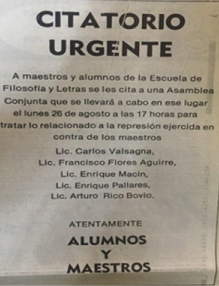 Citatorio dirigido a la base de la Escuela de Filosofa y Letras el 25 de agosto de 1985 en el peridico Novedades
