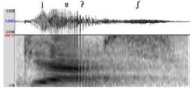 Espectrograma de la producci&oacute;n de [ˈjɐʔʃ] &lsquo;verde&rsquo; en lacand&oacute;n del norte