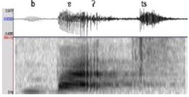 Espectrograma de la producci&oacute;n de [bɐʔts] &lsquo;saraguato&rsquo; en lacand&oacute;n del norte