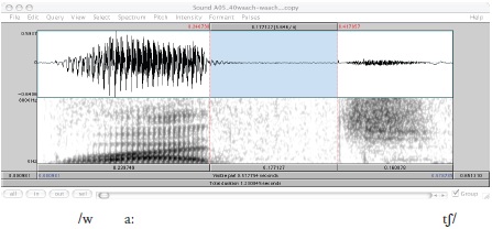 Oscilograma y espectrograma de /waːtʃ/ &lsquo;extranjero&rsquo; Periodo de silencio tras el cierre de la vocal: 177 ms, intensidad de la fricci&oacute;n: 46 dB, duraci&oacute;n de la fricci&oacute;n: 126 ms