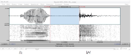 Espectrograma y oscilograma de /iːkʰ/ &lsquo;chile&rsquo;