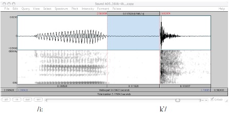 Oscilograma y espectrograma de /iːk&rsquo;/ &lsquo;viento&rsquo; Periodo de silencio tras cierre voc&aacute;lico= 117 ms; intensidad de explosi&oacute;n= 67 dB
