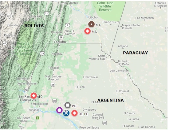 Segunda mitad del siglo XIX. Distribución del objeto de 1 y 2 persona: 1OBJ posverbal (azul), 1OBJ posverbal+partícula (rojo), 2OBJ preverbal (gris), 2OBJ posverbal (marrón), 2OBJ posverbal+partícula (violeta) 