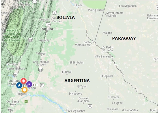 Primera mitad del siglo XX. Distribución del objeto de 1a y 2a persona: 1OBJ posverbal (azul), 1OBJ posverbal+partícula (rojo), 1OBJ preverbal (amarillo), 2OBJ posverbal+partícula (violeta) 