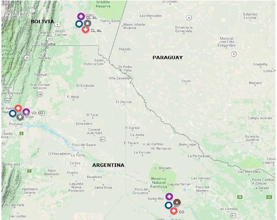 Segunda mitad del siglo XX. Distribución del objeto de 1a y 2a persona: 1OBJ posverbal (azul), 1OBJ posverbal+partícula (rojo), 2OBJ preverbal (gris), 2OBJ posverbal (marrón), 2OBJ posverbal+partícula (violeta) 