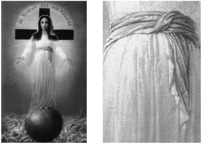 Imagen de Nuestra Se&ntilde;ora de Todos los Pueblos y detalle del pa&ntilde;o en la cintura.