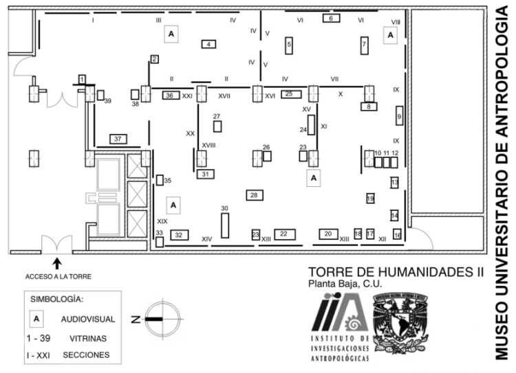 Planta arquitect&oacute;nica del MUA con distribuci&oacute;n de secciones (I-XXI) y mobiliario museogr&aacute;fico (1-39). La secci&oacute;n XXI correspond&iacute;a a la exposici&oacute;n temporal &ldquo;La vida y muerte del n&aacute;huatl en la Sierra de Puebla, M&eacute;xico&rdquo;. 