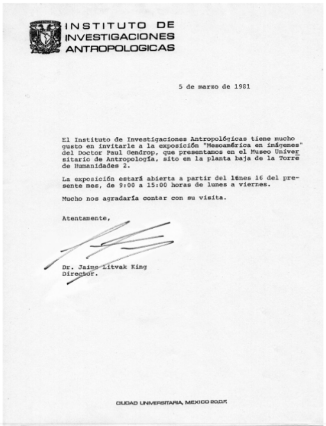 Oficio de invitaci&oacute;n a la ex posici&oacute;n &ldquo;Mesoam&eacute;rica en im&aacute;genes&rdquo; en el MUA. 