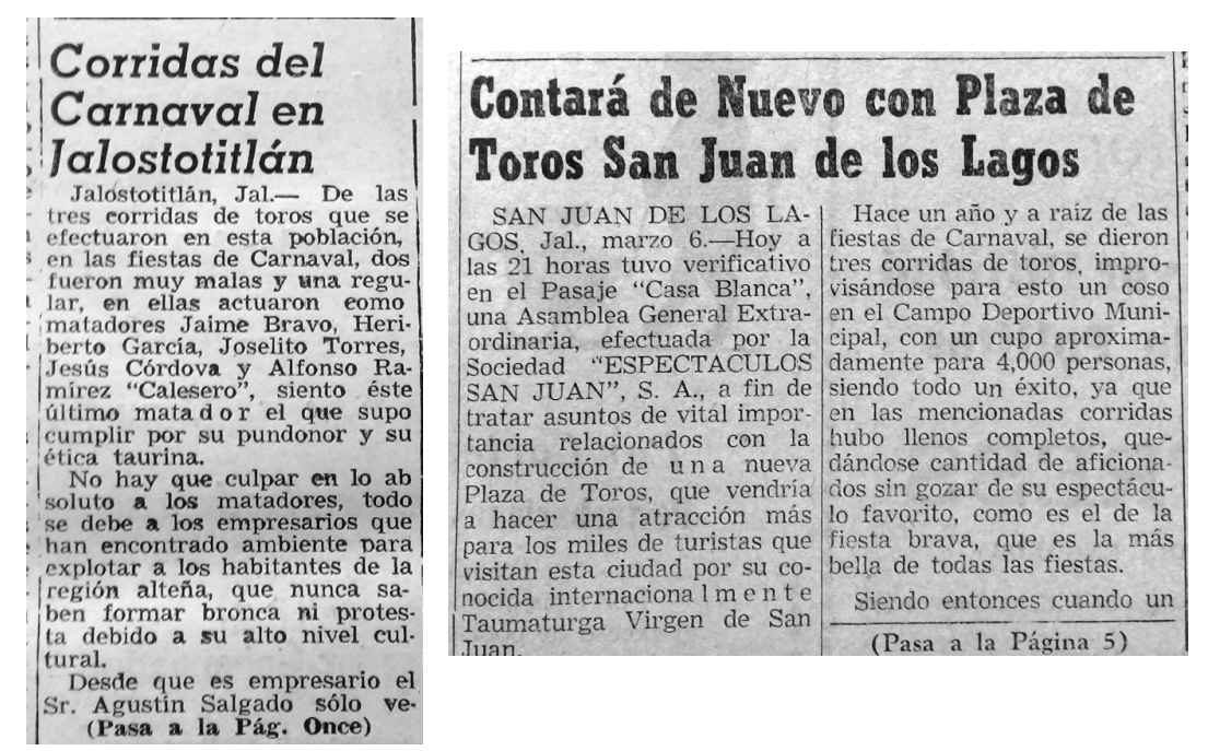 Corridas de toros en los carnavales de Jalostotiln y de San Juan de los Lagos, Jalisco.