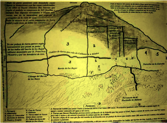 Divisi�n de tierras de los pueblos y haciendas en el Cerro de la Estrella y pueblos aleda�os.