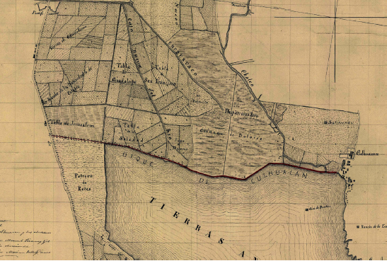 Fragmento del plano del dique de Culhuac�n y sus alrededores levantado por Manuel Pizarro y bajo la direcci�n del ingeniero Mariano Lemus Pizarro. Este levantamiento se ha de haber dicho y ejecutado por el a�o de1865.