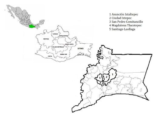 México Oaxaca Istmo. Localización de los municipios estudiados. Elaboró: Carlos Maldonado y Alicia M. Barabas.