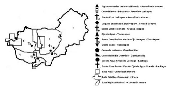 Localización de los lugares sagrados. Elaboró: Carlos Maldonado y Alicia M. Barabas.