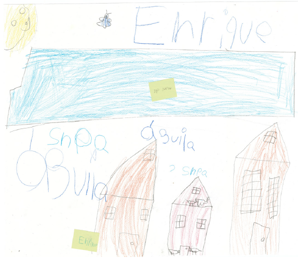 Shpa, &ldquo;�guila&rdquo;, mapa elaborado por un alumno de la Primaria Ind�gena Alfonso Caso Andrade. En este caso se observa el brazo del R�o Colorado que pasa por la comunidad y la casa de Enrique, entre otras dos casas y aparecen varias veces escritas las palabras &ldquo;�guila&rdquo; y shp�, que significa &ldquo;�guila&rdquo;.