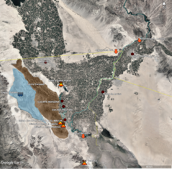 Cartograf�a y narrativas de Sonia Moreno y Adela Valenzuela en mapa de Google Earth. Se indican todos los lugares mencionados y las �reas de ocupaci�n a lo largo del tiempo. Se muestra un paisaje particular donde se ubica la historia narrada en la voz de estas mujeres.