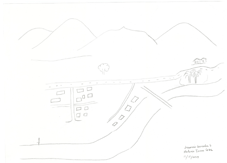 Mapa elaborado por Inocencia Gonz�lez Saiz y Antonia Torres. En este mapa se representan el cerro El Mayor y el Wi shp� o Cerro del �guila. En la parte media se observa la carretera Mexicali-San Felipe; del lado izquierdo se ubica la zona de casas de la comunidad El Cucapah Mayor, al centro el campo tur�stico el Mayor; y, en la parte inferior est� representado un brazo del R�o Colorado.