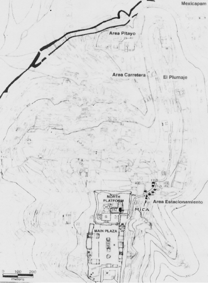 Mica hallada en la Plataforma Norte y en las unidades habitacionales del rea del Estacionamiento, Monte Albn. Retomado de Blanton [1978].