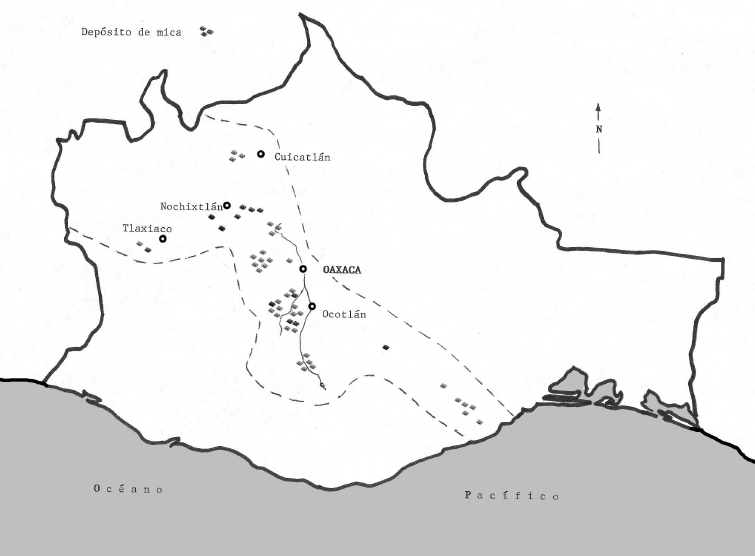 Yacimientos de mica en diferentes regiones oaxaqueas. Basado en Panczner [1987].