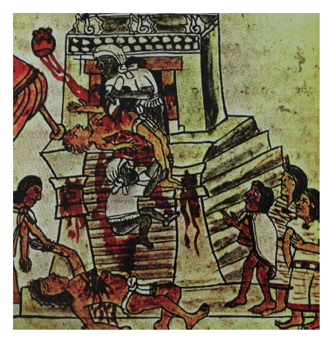 Arte contenido en el disco Eztlacuani (2011) de Xipe Totec. Se reproduce parte de un cdice que muestra un sacrificio humano. La violencia antigua empalma con la ideologa del Death Metal.