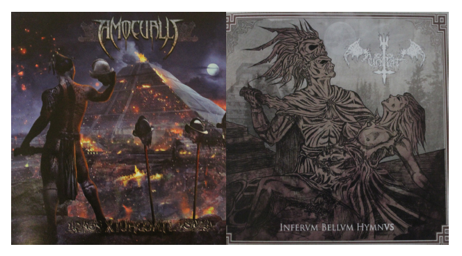 Portadas violentas y poscoloniales de algunas agrupaciones. A la izquierda tenemos el lbum Xiuhcatl (2016) de Amocualli y a la derecha Infervm Bellvm Hymnvs (2020) de la banda Hunbatz.