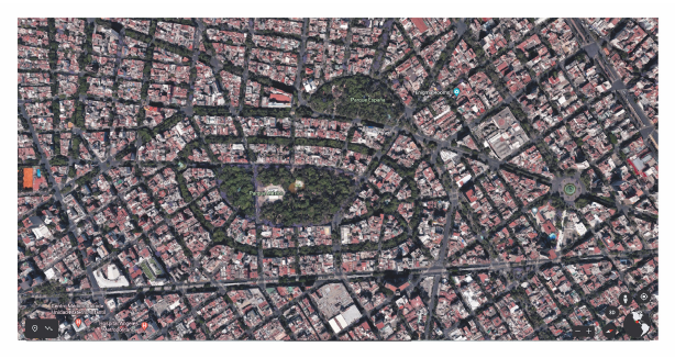 El Parque M�xico y sus alrededores, por Google Earth, 2022.