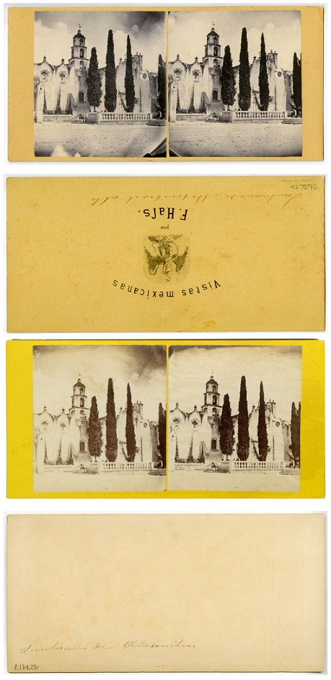 Anverso y reverso de dos ejemplares hallados con una misma imagen de la serie &ldquo;Vistas mexicanas&rdquo; (&ldquo;Santuario de Atotonilco el alto&rdquo; y &ldquo;Santuario de Atotonilco.&rdquo;).