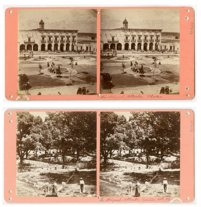 Anverso y reveso de una tarjeta del cat�logo de vistas, es posible observar los orificios utilizados para congregar las tarjetas (&ldquo;209 San Miguel Allende. Plaza&rdquo; y &ldquo;210 Sn Miguel Allende. Ba�os del Chorro&rdquo;).