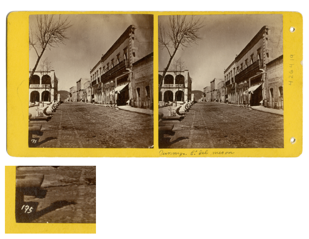 Vista general y detalle de la numeraci�n presente en cada par estereosc�pico (&ldquo;195 Durango. Ce del mes�n&rdquo;).