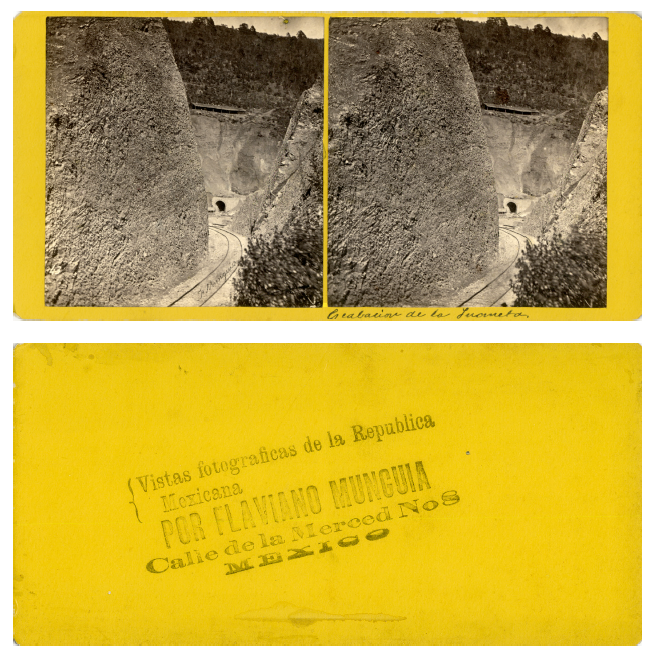 Anverso y reveso de una tarjeta de la serie &ldquo;Vistas fotogr�ficas de la Rep�blica Mexicana&rdquo; por Flaviano Mungu�a (&ldquo;F Mungu�a Excavaci�n de la Juaneta&rdquo;).