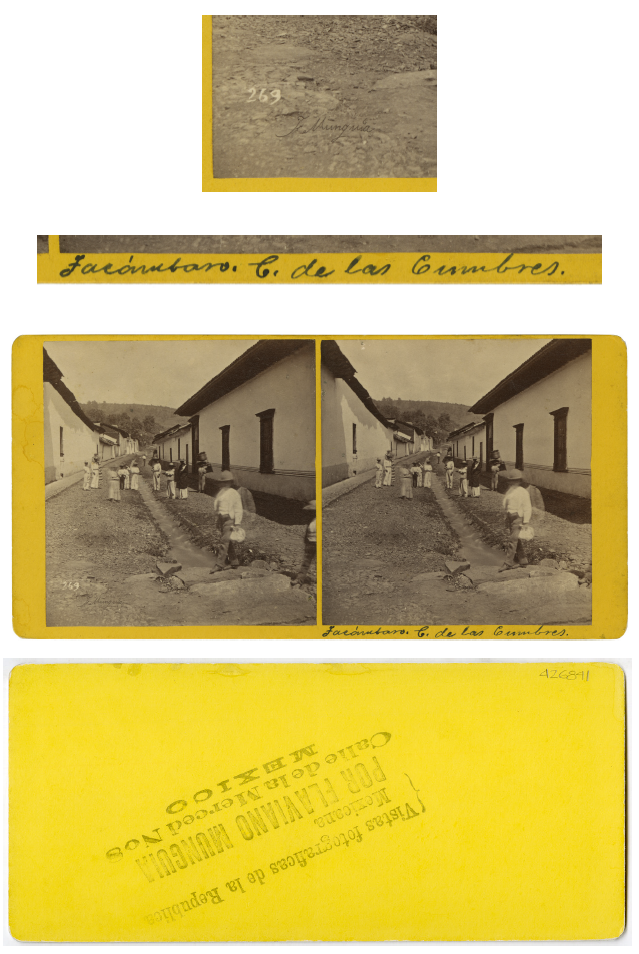 Vista general y detalle de las inscripciones presentes en algunas vistas de la serie &ldquo;Vistas fotogr�ficas de la Rep�blica Mexicana&rdquo; (&ldquo;269 F. Mungu�a Tac�mbaro. C. de las Cumbres&rdquo;).