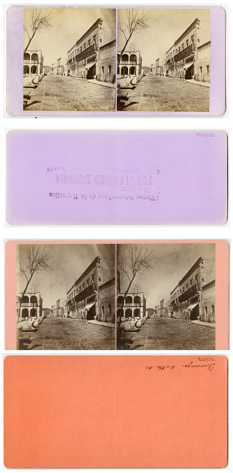 Anverso y reverso de los dos ejemplares hallados del n�mero 195 de la serie &ldquo;Vistas fotogr�ficas de la Rep�blica Mexicana&rdquo; (&ldquo;195 Mungu�a&rdquo; y &ldquo;Durango. Calle de&rdquo;).