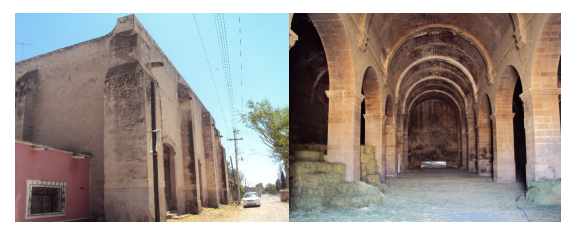 Izquierda, troje de tres naves. En ella se pueden apreciar los contrafuertes de la fachada y laterales. Derecha, interior de la troje. 