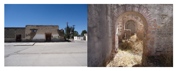 Izquierda: fachada de la troje de tres naves. En el área marcada se puede apreciar el derrumbe de la esquina noreste. Derecha: accesos entre trojes y parte del muro con arquería. 