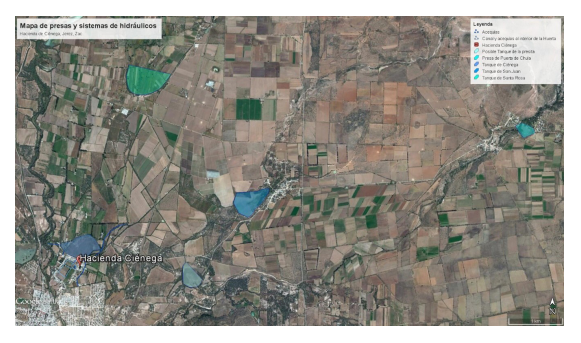 Mapa de presas y sistemas hidráulicos de la hacienda de Ciénega. 