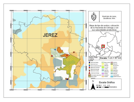 Mapa de uso de suelos y división de sectores productivos en los terrenos pertenecientes a la hacienda de Ciénega.