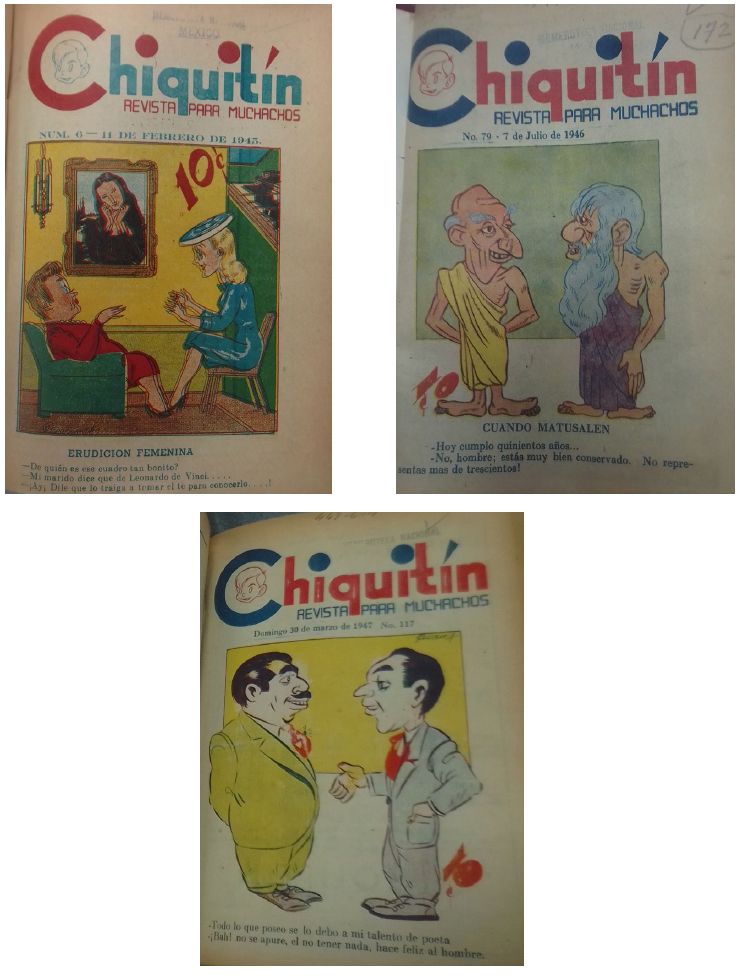 Portadas de Chiquit&iacute;n. Revista para muchachos, 6, 1945; 79, 1946; 117, 1947.