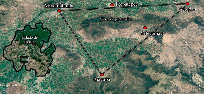 Delimitaci&oacute;n de la zona entre Mixquiahuala, Ajacuba y Actopan, en el actual estado de Hidalgo, donde se encontraba el hist&oacute;rico poblado de Tlalhuacpan.