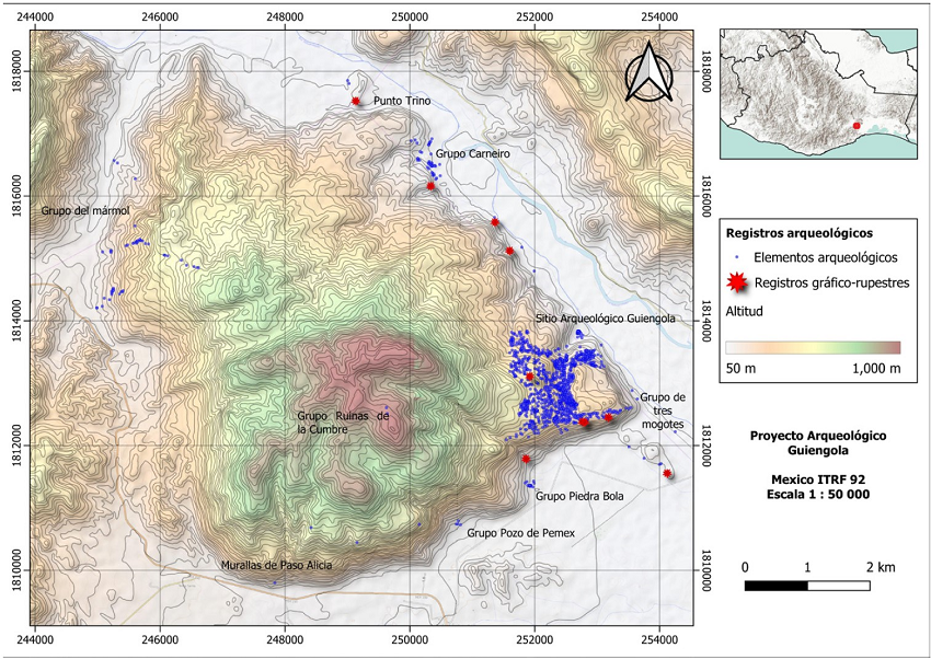 Elementos arqueológicos y ubicación del sitio arqueológico Guiengola.