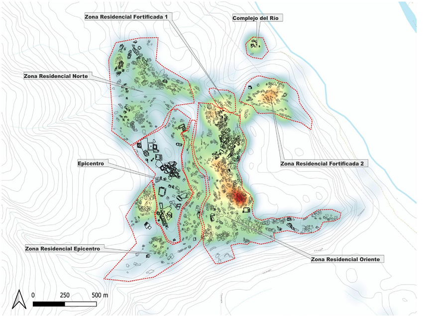 Zonificación del sitio arqueológico, y análisis de la densidad de construcciones.