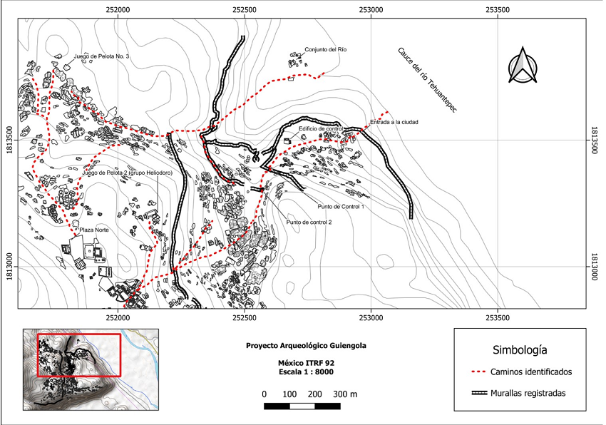 Murallas al norte de la ciudad, se remarcan los caminos identificados con el escaneo
lidar así como los diversos puntos de acceso que estos atraviesan.