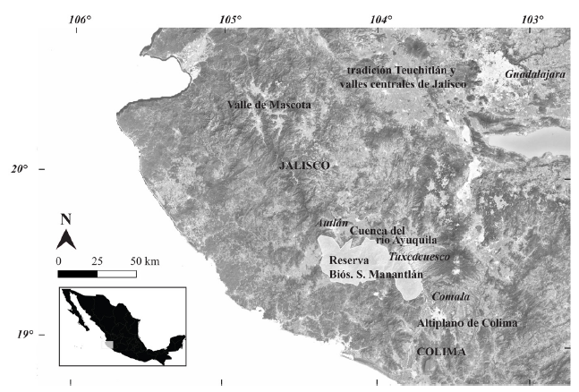 Ubicaci�n de la regi�n de estudio y de los principales sitios mencionados en el texto. El pol�gono de la Reserva de la Bi�sfera de la Sierra de Manantl�n aparece en blanco.Imagen: 
							Google Earth, Landsat/Copernicus.
						
