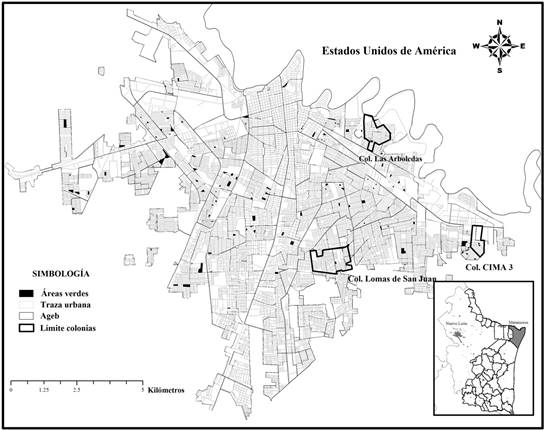 Distribuci&oacute;n de las &aacute;reas verdes en Matamoros, Tamaulipas y en las colonias consideradas para el estudio